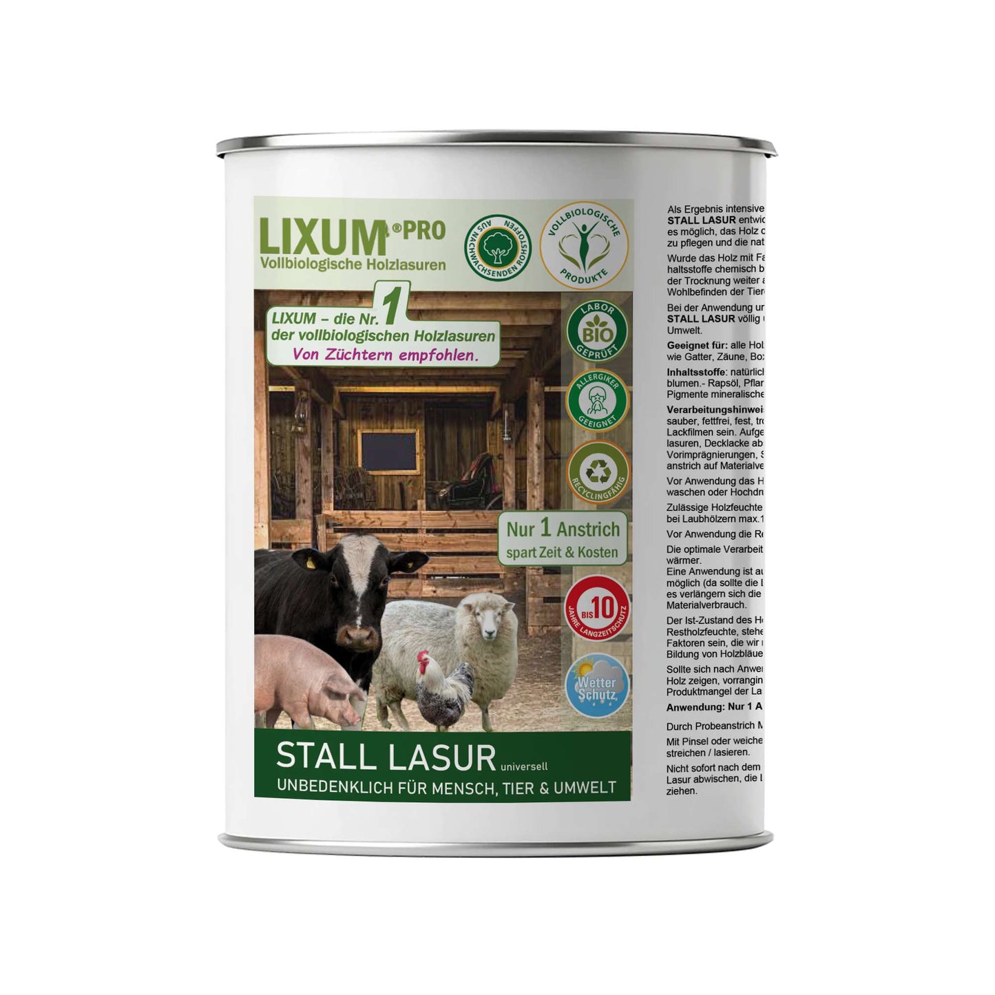 LIXUM PRO 100% biologische & natürliche Tierstall - Stall Holzlasur universell