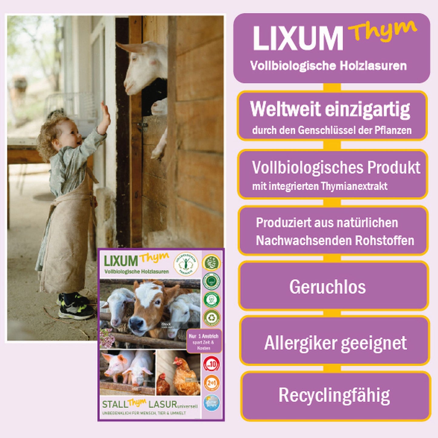 LIXUM THYM 100% biologische & natürliche Tierstall - Stall Holzlasur universell ( mit Extrakt aus Thymian )